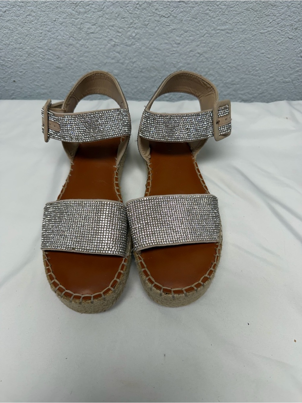 Gianni Bini Beige Espadrille Wedges with Silver Rhinestone Straps